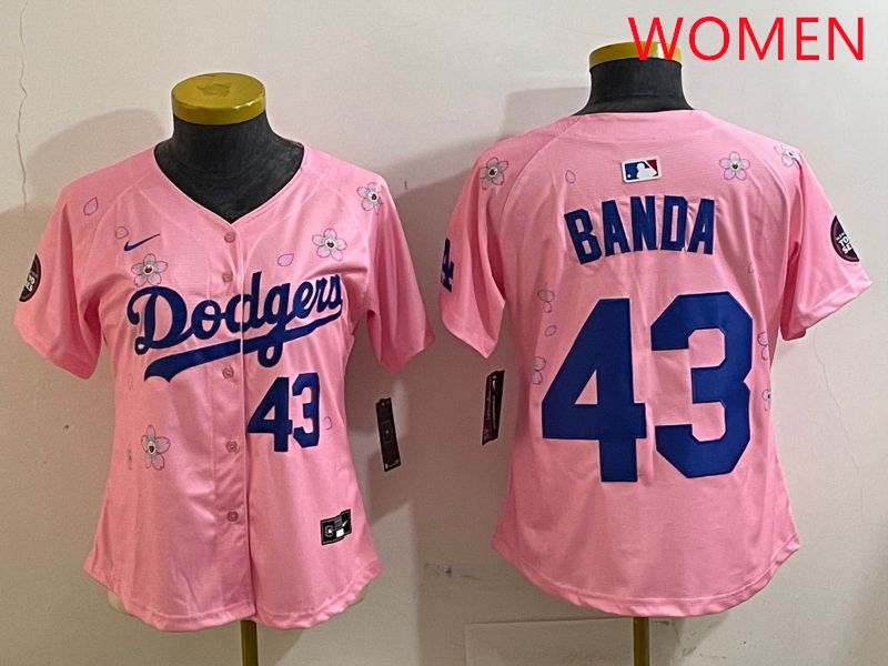 Women Los Angeles Dodgers #43 Banda Pink White Blue Sakura Edition 2025 Nike MLB Jersey style 2->youth mlb jersey->Youth Jersey